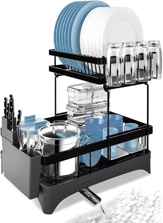Abhsant 2 Tier Dish Drainer Rack for Small Plates, Foldable Dish Rack Installation-Free, Anti Rust Draining Dish Drying Rack Kitchen with Drip Tray, Removable Utensil Holder, Cup Rack - Image 1
